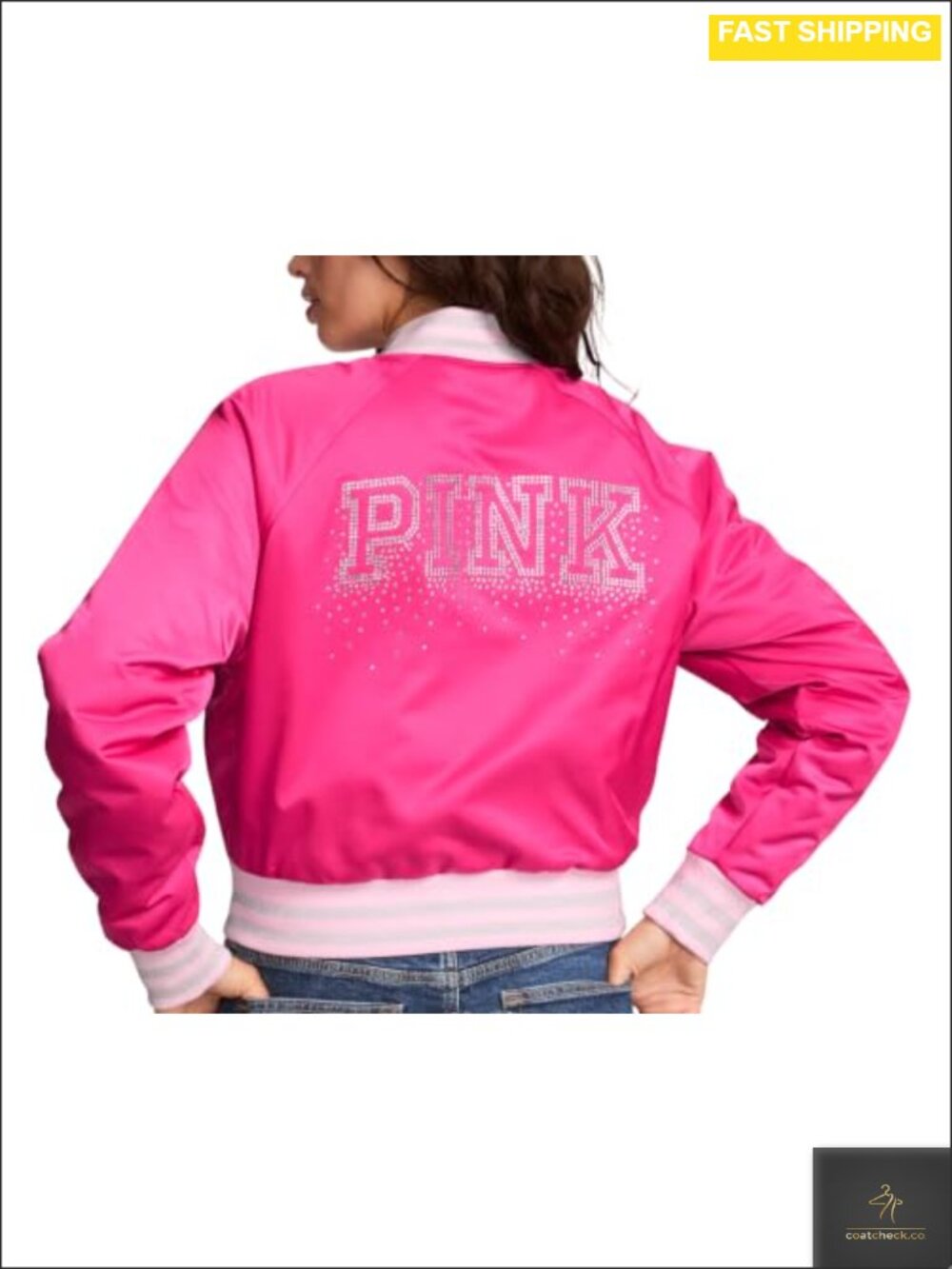 Satin Varsity Jacket Snap Button Diamante Oversized Womens